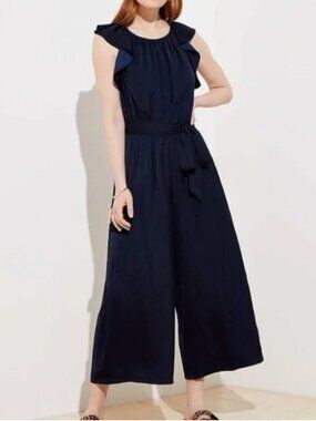 Loft Navy Satin Silky Flutter Sleeve Wide Leg Jumpsuit